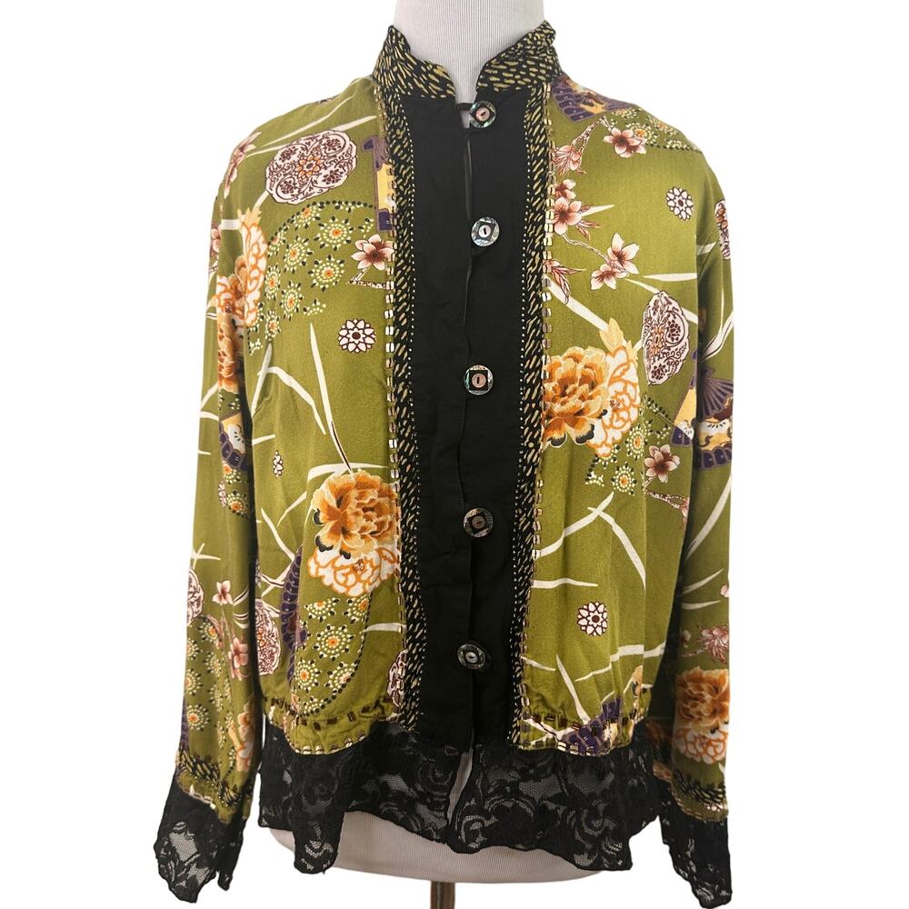 Usindo Asian Fan Rayon Button Up Blazer Blouse Size Medium